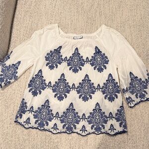 Charter Club White Peasant Top with Blue Embroidered Medallions